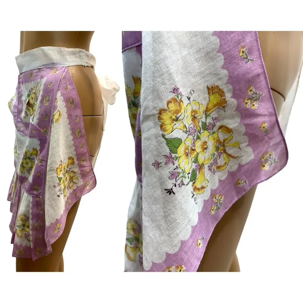 Vintage 50s Lilac Floral Hankie Apron Handmade Sheer Hostess Tea Apron
